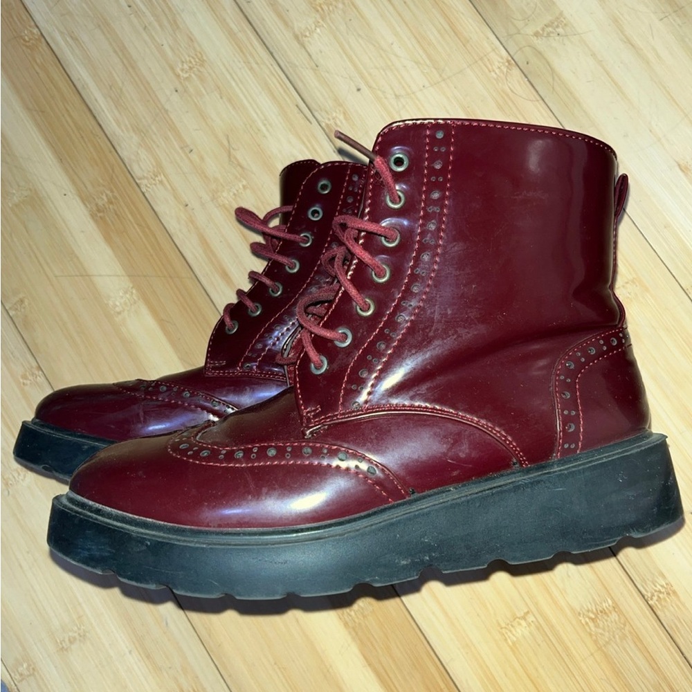 Refresh Red and Black Lace Up Boots with Chunky Sole